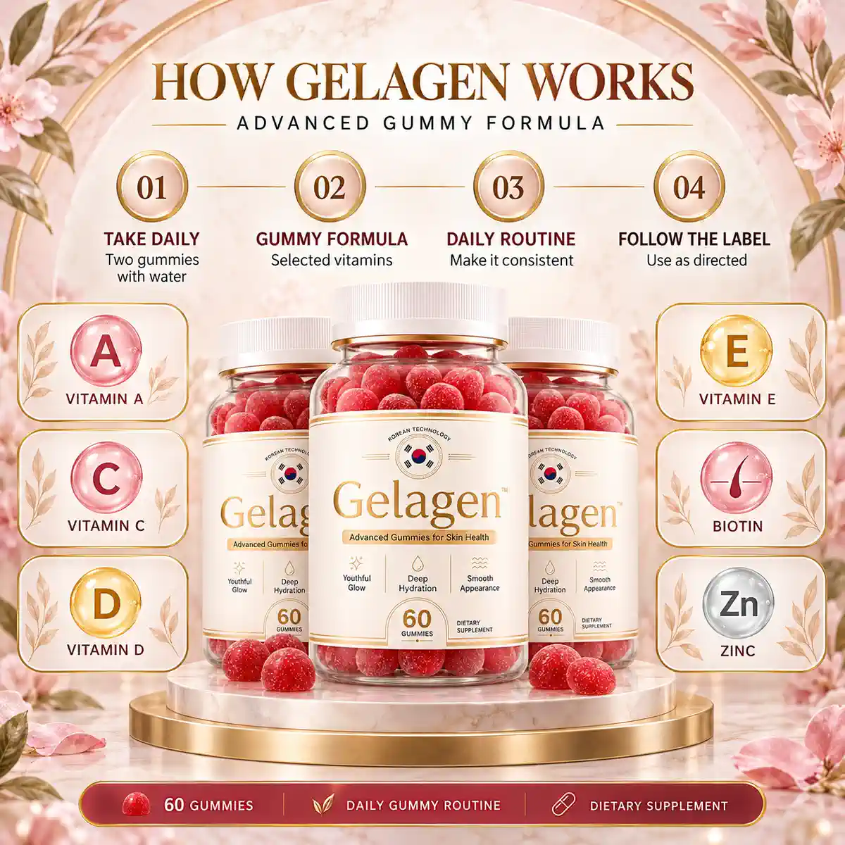 The seller's how-it-works panel: three Gelagen jars on a marble plinth with numbered steps above them and roundels for vitamins A, C, D, E, biotin and zinc down both sides