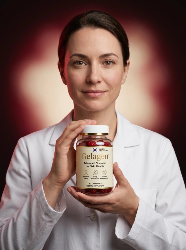 A woman in a white lab coat holding a Gelagen jar towards the camera against a deep red background